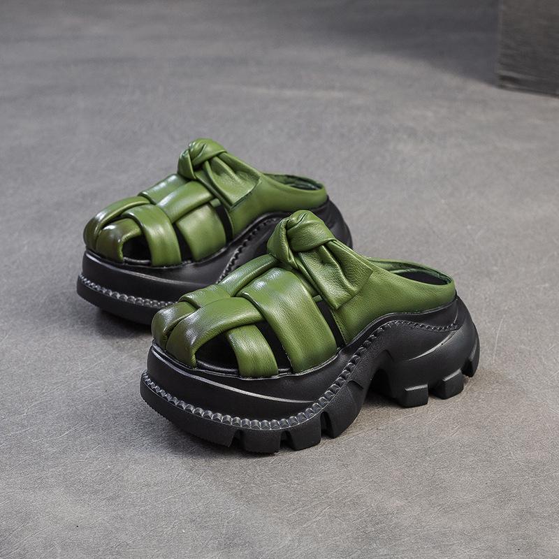 Johnature Ретро Шлепанцы из Натуральной Кожи на Высокой Платформе с Перфорацией, Легкие, Женские 40 зелёный