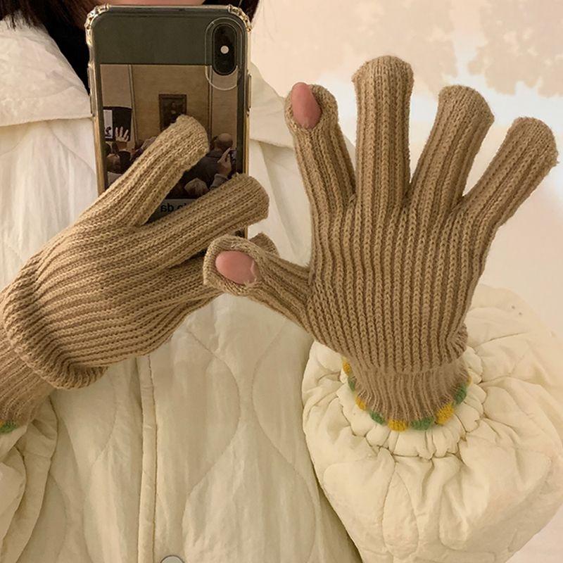 INS Конфетные перчатки Женские Зимние Теплые Флисовые Подкладки С Открытыми Пальцами Шерстяные Вязаные Перчатки для Сенсорного Экрана Ветрозащитные Велосипедные Перчатки Kakh One size