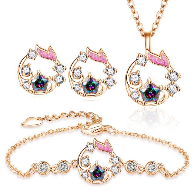 ANENJERY Цвет Циркон Кит Ожерелье Серьги Браслет Комплект Ювелирных Изделий для Женщин Романтический Кулон Ключицы Цепи Партии Ювелирных Изделий Resizable розового золота