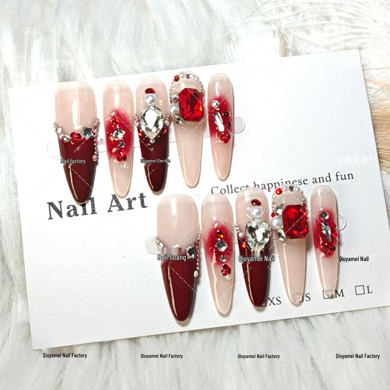 Длинные красные французские омбре, носимые ногти в стиле циркониевых бриллиантов Medium M 
Длинные красные французские омбре, носимые ногти в стиле циркониевых бриллиантов Medium M