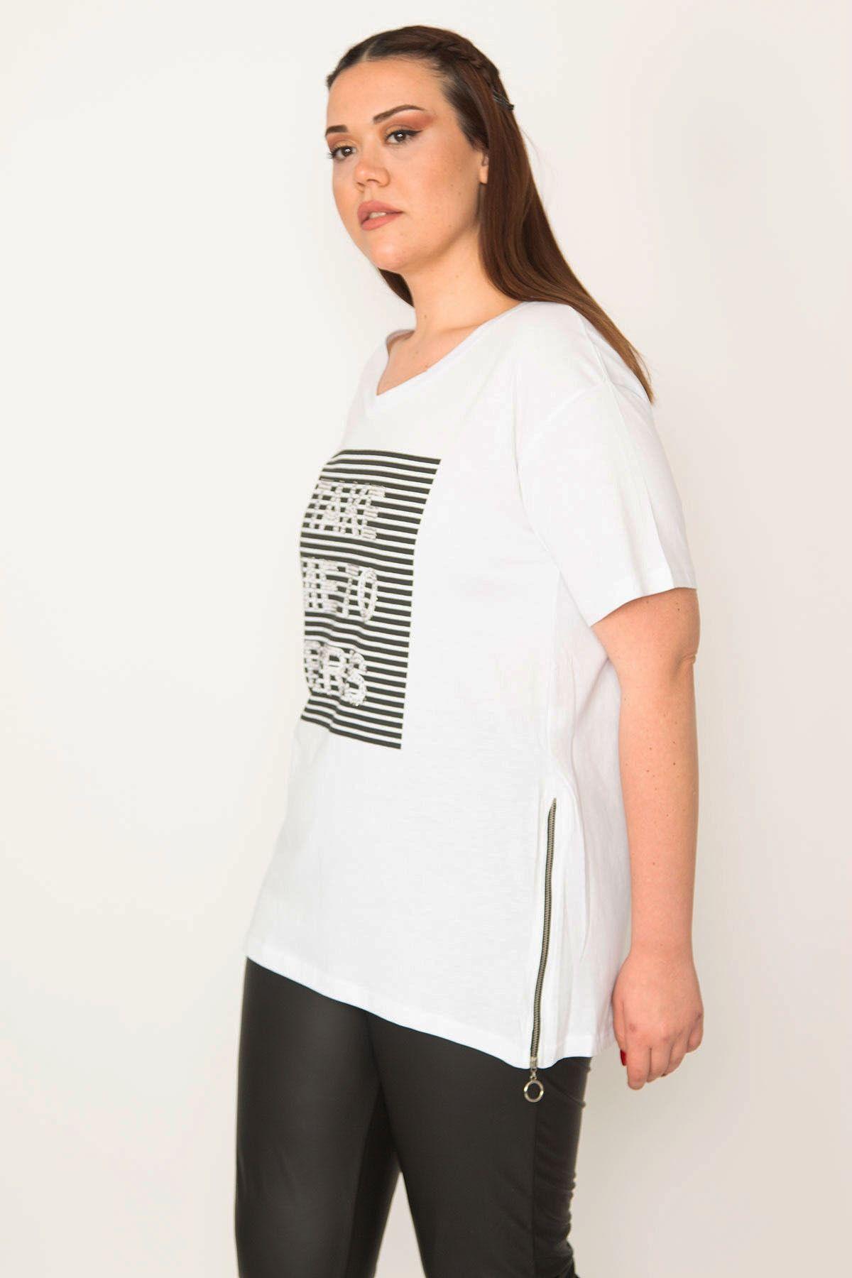 Women s Big Size Blouse Large Size White Front Stone and Stripe Print Detailed Side Zipper Slit Blouse 2XL
Women s Big Size Blouse Large Size White Front Stone and Stripe Print Detailed Side Zipper Slit Blouse 2XL