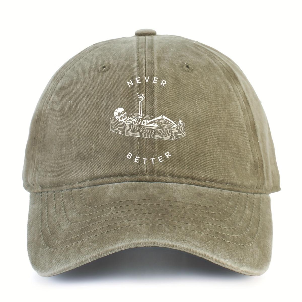 Never Better Skeleton Graphic Baseball Cap - Washed Distressed Dad Hat, Adjustable Cotton Sun Hat for Unisex and Women, Breathable adjustable
Never Better Skeleton Graphic Baseball Cap - Washed Distressed Dad Hat, Adjustable Cotton Sun Hat for Unisex and Women, Breathable adjustable