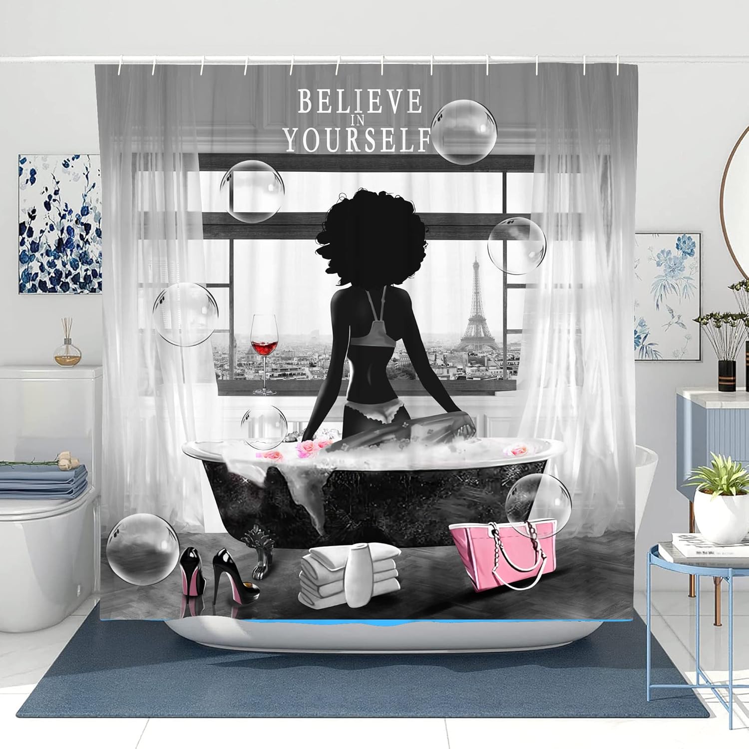 African American Girl Shower Curtain, Believe In Yourself Motivational Print, Sexy Heels Bubble Design, Waterproof Polyester W120xH180cm
African American Girl Shower Curtain, Believe In Yourself Motivational Print, Sexy Heels Bubble Design, Waterproof Polyester W120xH180cm