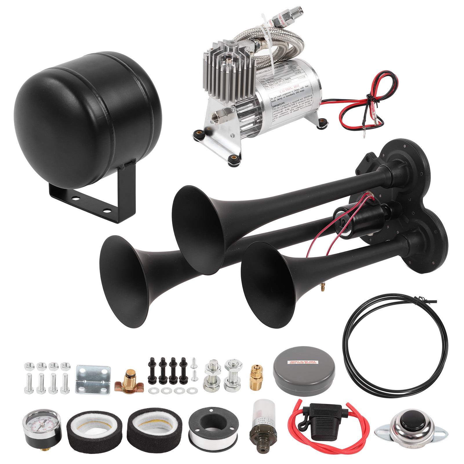 3 Trumpet Air Horn Car Trumpet Kit with 0.5 Gallon Tank 150db 150PSI for 12V Trucks Cars Boats
3 Trumpet Air Horn Car Trumpet Kit with 0.5 Gallon Tank 150db 150PSI for 12V Trucks Cars Boats