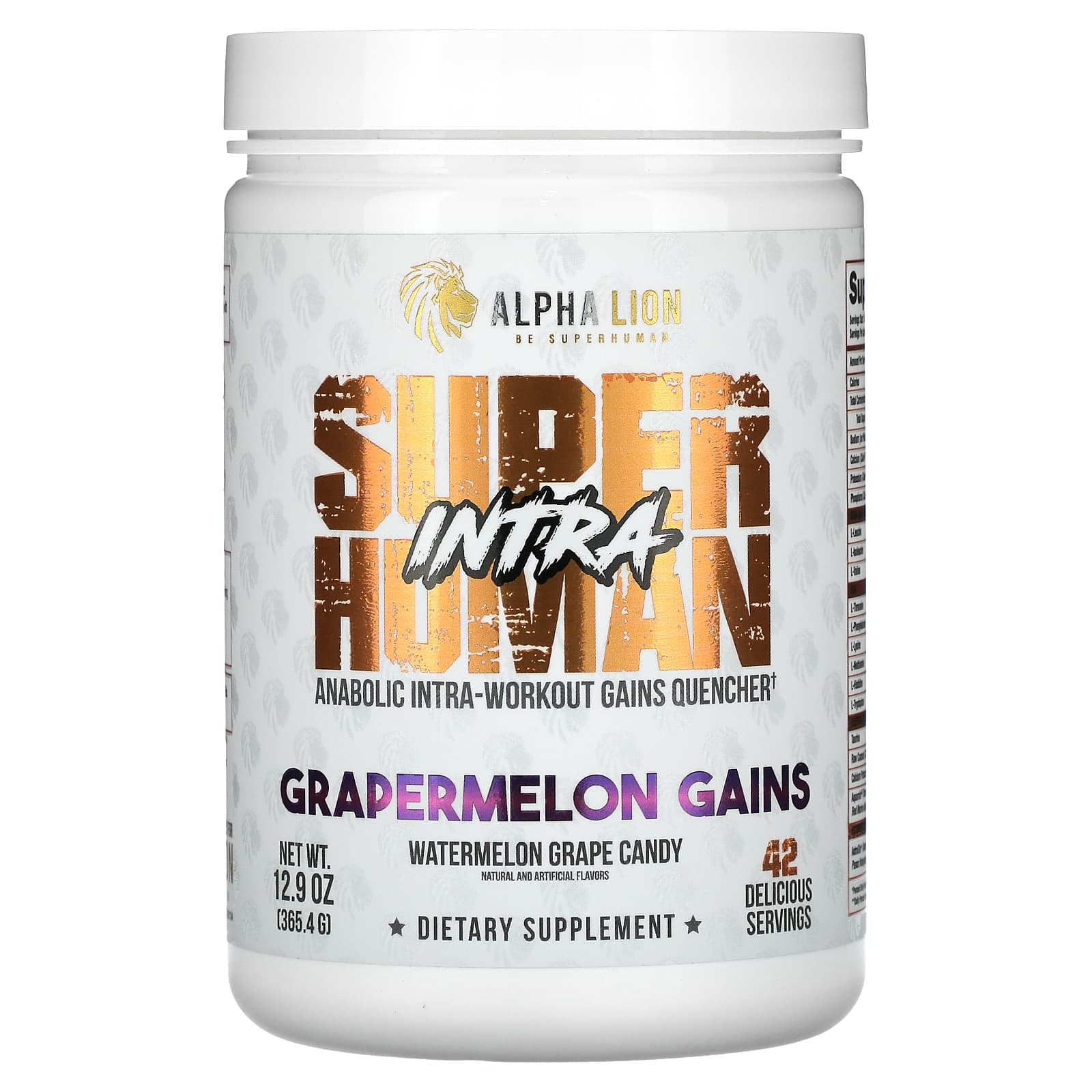 ALPHA LION, SuperHuman Intra, Grape Melon Gain, Watermelon Grape Candy, 365.4g (12.9oz)
ALPHA LION, SuperHuman Intra, Grape Melon Gain, Watermelon Grape Candy, 365.4g (12.9oz)