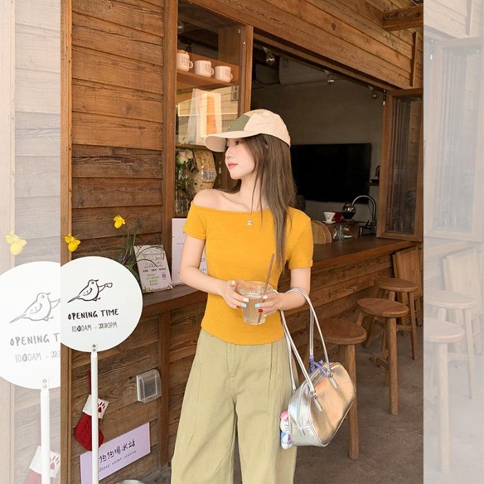 Texture one-word slanted shoulder waist short-sleeved T-shirt women s super fire ootd top S
Texture one-word slanted shoulder waist short-sleeved T-shirt women s super fire ootd top S