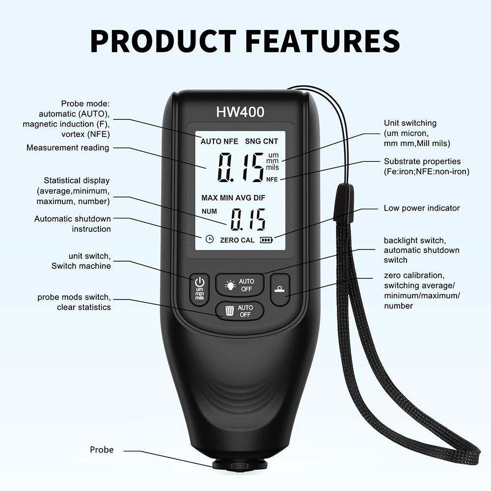HW-400 Coating Thickness Gauge High Precision Large Range Thickness Detection Paint Film Instrument чёрный
HW-400 Coating Thickness Gauge High Precision Large Range Thickness Detection Paint Film Instrument чёрный
