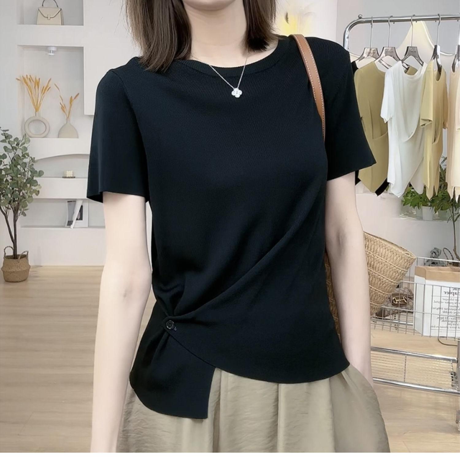 Ice silk front shoulder short-sleeved t-shirt women s 2025 summer new loose and thin irregular hem hidden button chic top M хаки
Ice silk front shoulder short-sleeved t-shirt women s 2025 summer new loose and thin irregular hem hidden button chic top M хаки