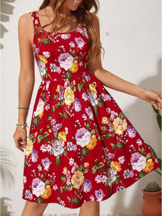 Женское платье без рукавов с принтом в стиле пэчворк и круглым вырезом, 2024 L красный