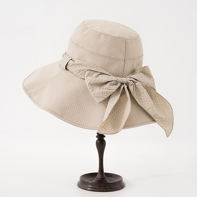 2025 ранняя весна маленькая клетка бант широкополая шляпа-ведро дышащая весенне-летняя защита от солнца и УФ-излучения шляпа от солнца M (55-58cm) can be adjusted appropriately бежевый