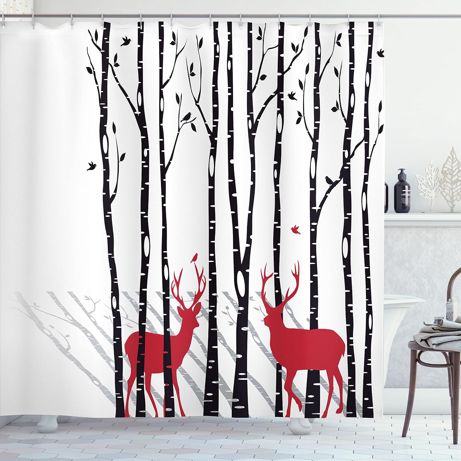 Modern Wildlife Shower Curtain With Red Deer And Birch Trees Minimalist Nature Art Waterproof Fabric Nordic Style Bathroom Decor W60H190(CM)-1 Pcs
Modern Wildlife Shower Curtain With Red Deer And Birch Trees Minimalist Nature Art Waterproof Fabric Nordic Style Bathroom Decor W60H190(CM)-1 Pcs