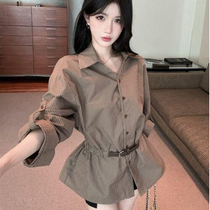 Retro Polo Collar Loose and Casual Striped Waist-Cinching Stylish Shirt, New Design for Spring and Autumn, Slim-Fit and Flattering Top Khaki S
Retro Polo Collar Loose and Casual Striped Waist-Cinching Stylish Shirt, New Design for Spring and Autumn, Slim-Fit and Flattering Top Khaki S