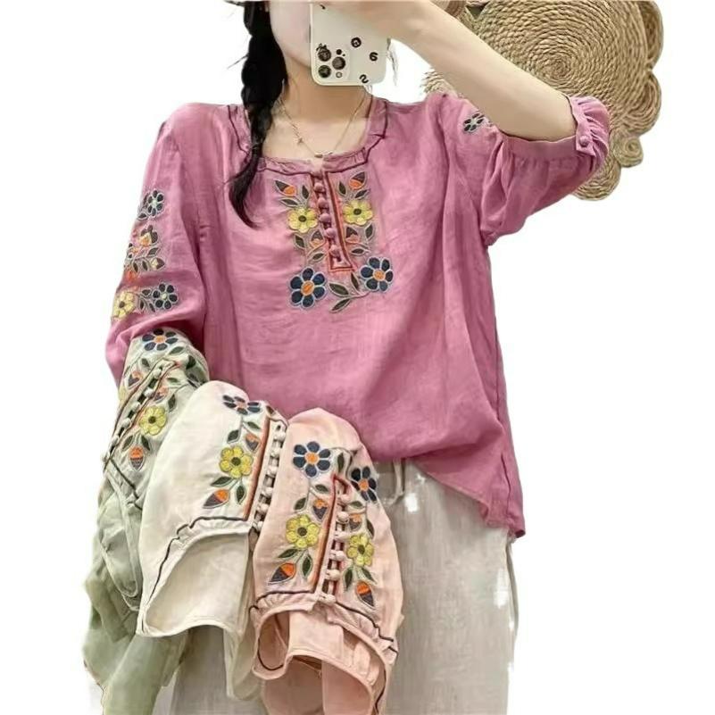 Large Size Embroidered Ethnic Style Summer Three-quarter Sleeve Cotton and Linen Retro Literary Loose T-shirt All-match Top 3XL рожевий червоний колір
Large Size Embroidered Ethnic Style Summer Three-quarter Sleeve Cotton and Linen Retro Literary Loose T-shirt All-match Top 3XL рожевий червоний колір