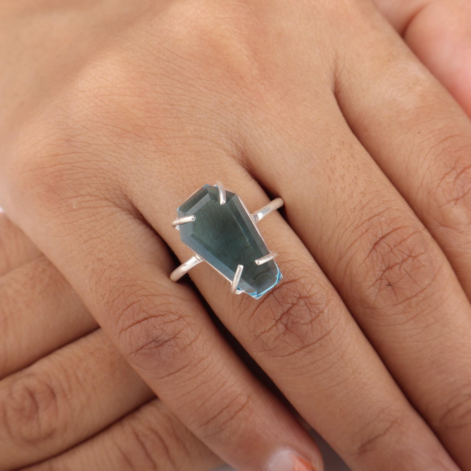 Швейцарский голубой топаз Драгоценный камень 925 Стерлинговое серебро Ювелирные изделия Кольцо ручной работы на день рождения RR-39-11 7.25