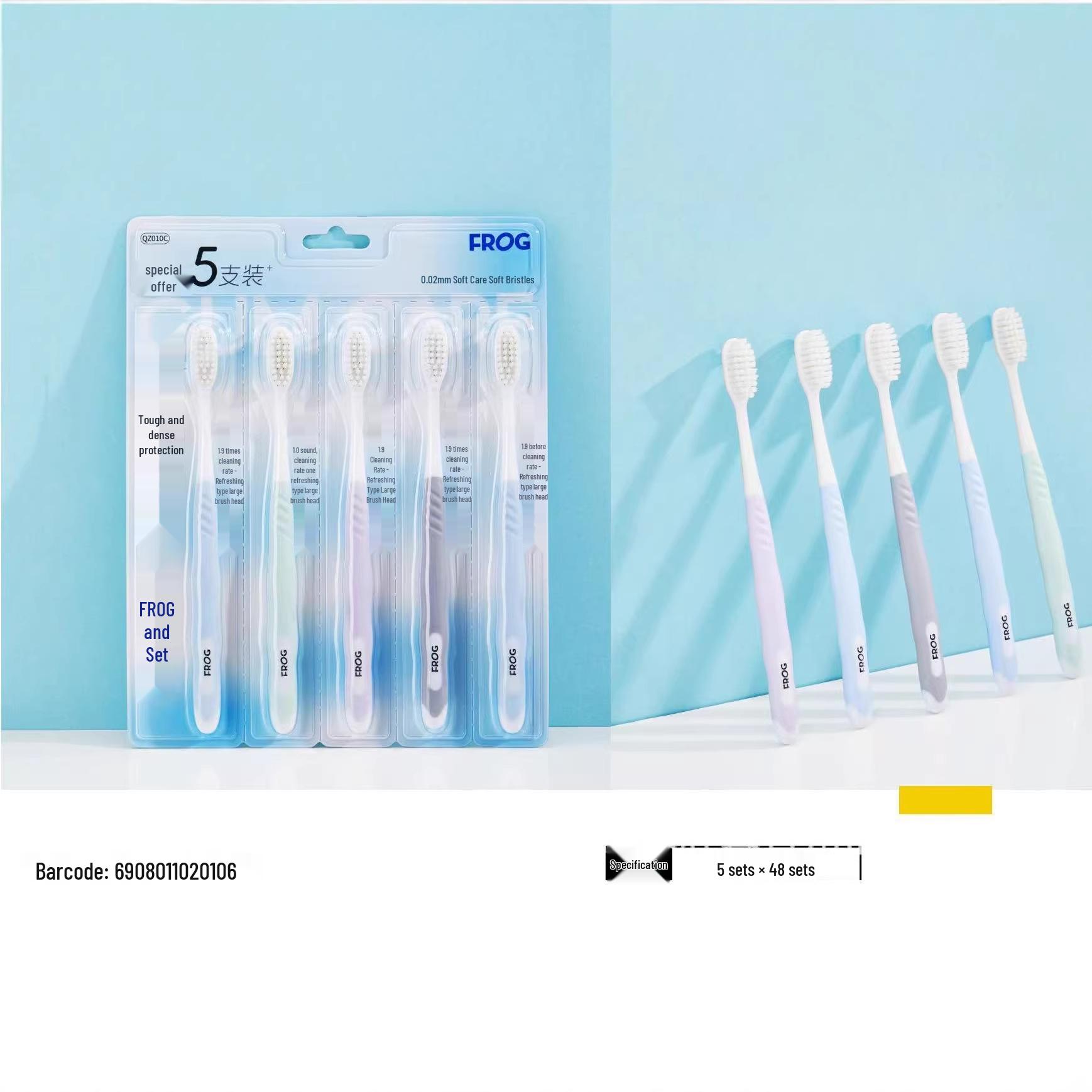 Frog Toothbrush Set: 5-Piece Soft Bristle Adult Family Pack, Elastic & Durable for Home Use. 5-Piece Set
Frog Toothbrush Set: 5-Piece Soft Bristle Adult Family Pack, Elastic & Durable for Home Use. 5-Piece Set
