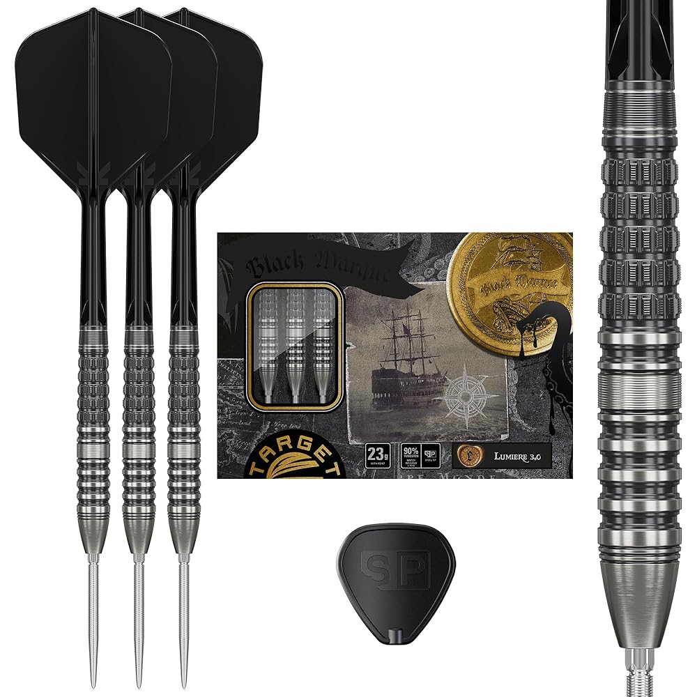 Target Japan Black Marque Lumiere 3.0 90% Tungsten K-Flex Swiss Point Steel Tip Dart Set, 23G | Swiss Nano Points, Black K-Flex No. 6 (Shape) Flights
Target Japan Black Marque Lumiere 3.0 90% Tungsten K-Flex Swiss Point Steel Tip Dart Set, 23G | Swiss Nano Points, Black K-Flex No. 6 (Shape) Flights