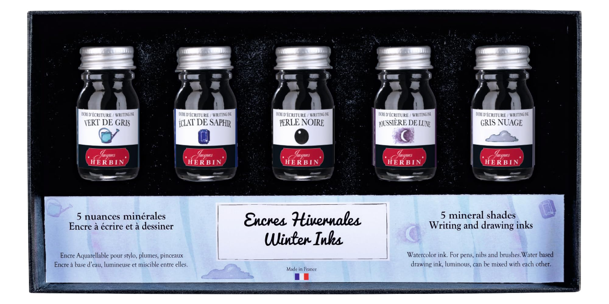 Herbin Mini Ink Coffret Traditional 10ml size 5 pieces Sapphire Moon HERBIN hb18504 Winter (Grayish Green, Blue, Black, Shadow, Greenage)
Herbin Mini Ink Coffret Traditional 10ml size 5 pieces Sapphire Moon HERBIN hb18504 Winter (Grayish Green, Blue, Black, Shadow, Greenage)
