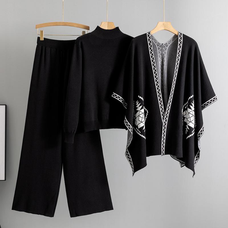 Women s Knit Jacquard Shawl, Round Neck Top, and Wide Leg Pants Three-Piece Set for Autumn/Winter One Size чёрный
Women s Knit Jacquard Shawl, Round Neck Top, and Wide Leg Pants Three-Piece Set for Autumn/Winter One Size чёрный