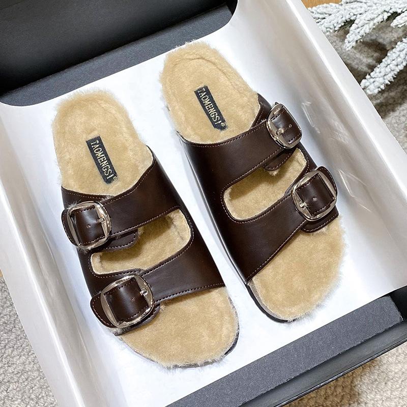 A263 осень сильный _ ретро шерсть двойная пряжка плюшевая толстая подошва пушистые тапочки женская одежда 43