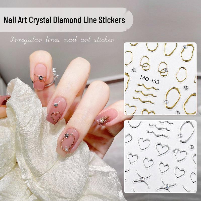 Crystal & Metallic Nail Stickers: Diamond Lines, Heart Cutouts, Irregular Frames, Gold & Silver French Style
Crystal & Metallic Nail Stickers: Diamond Lines, Heart Cutouts, Irregular Frames, Gold & Silver French Style