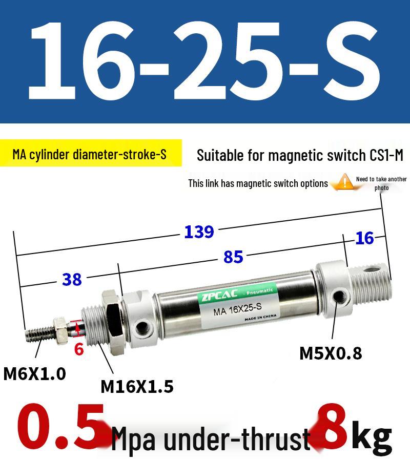 Mini Stainless Steel Pneumatic Cylinder MA Series (16-40mm Bore, 50-200mm Stroke)
Mini Stainless Steel Pneumatic Cylinder MA Series (16-40mm Bore, 50-200mm Stroke)