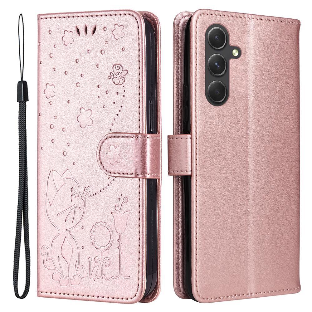 Кожаный чехол с рисунком кошки и пчелы, чехол-кошелек со стендом и ремешком для телефона Rose Gold