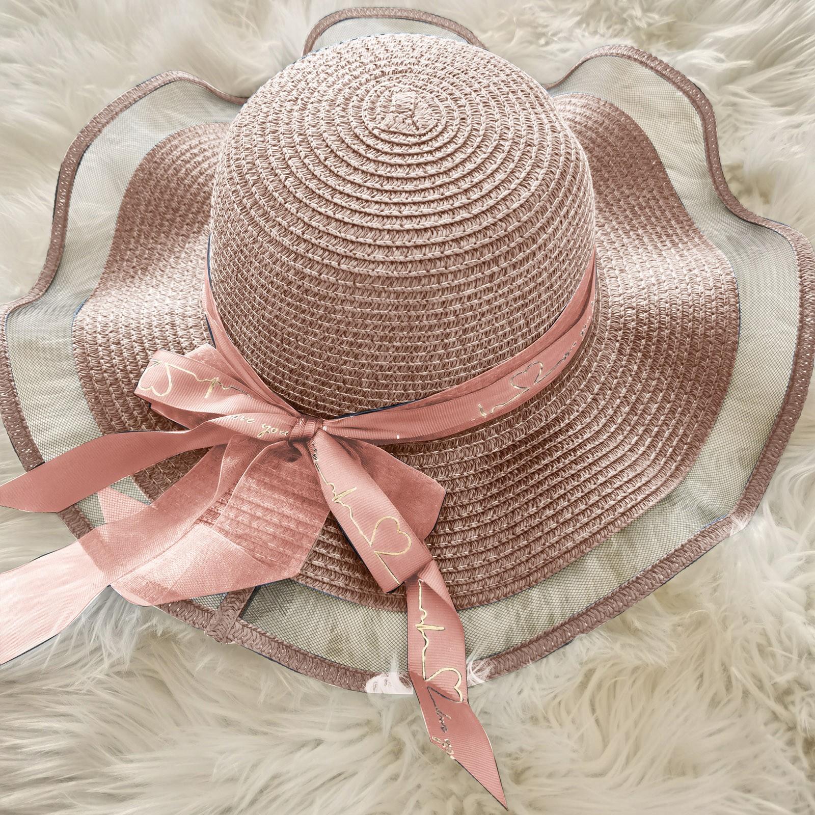 Женская шляпа с большими полями на открытом воздухе, морской солнцезащитный козырек, соломенная шляпа от солнца One size розовый