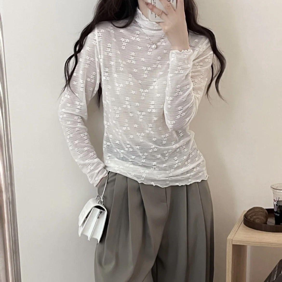 Топ из сетки с цветочным кружевом с полувысоким воротом - Длинный рукав, Свободный крой, Большой размер для женщин (Осень, Зима, Весна) One Size
Топ из сетки с цветочным кружевом с полувысоким воротом - Длинный рукав, Свободный крой, Большой размер для женщин (Осень, Зима, Весна) One Size