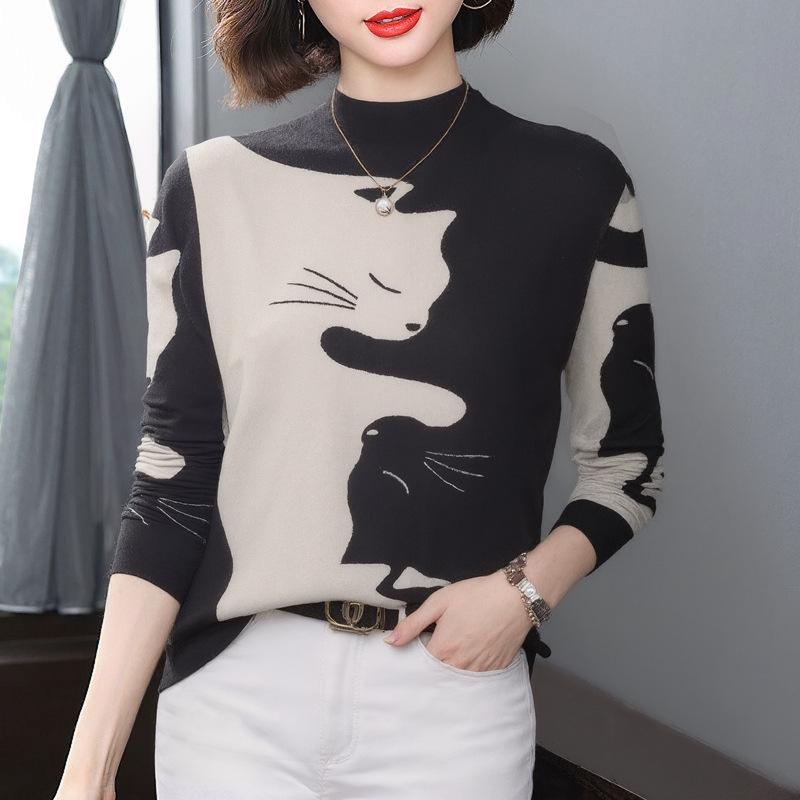 Stylish Carton Cat Knit Top with Half-High Collar for Older Women - Tummy-Concealing, Velvet-Enhanced, Long Sleeve 3XL
Stylish Carton Cat Knit Top with Half-High Collar for Older Women - Tummy-Concealing, Velvet-Enhanced, Long Sleeve 3XL