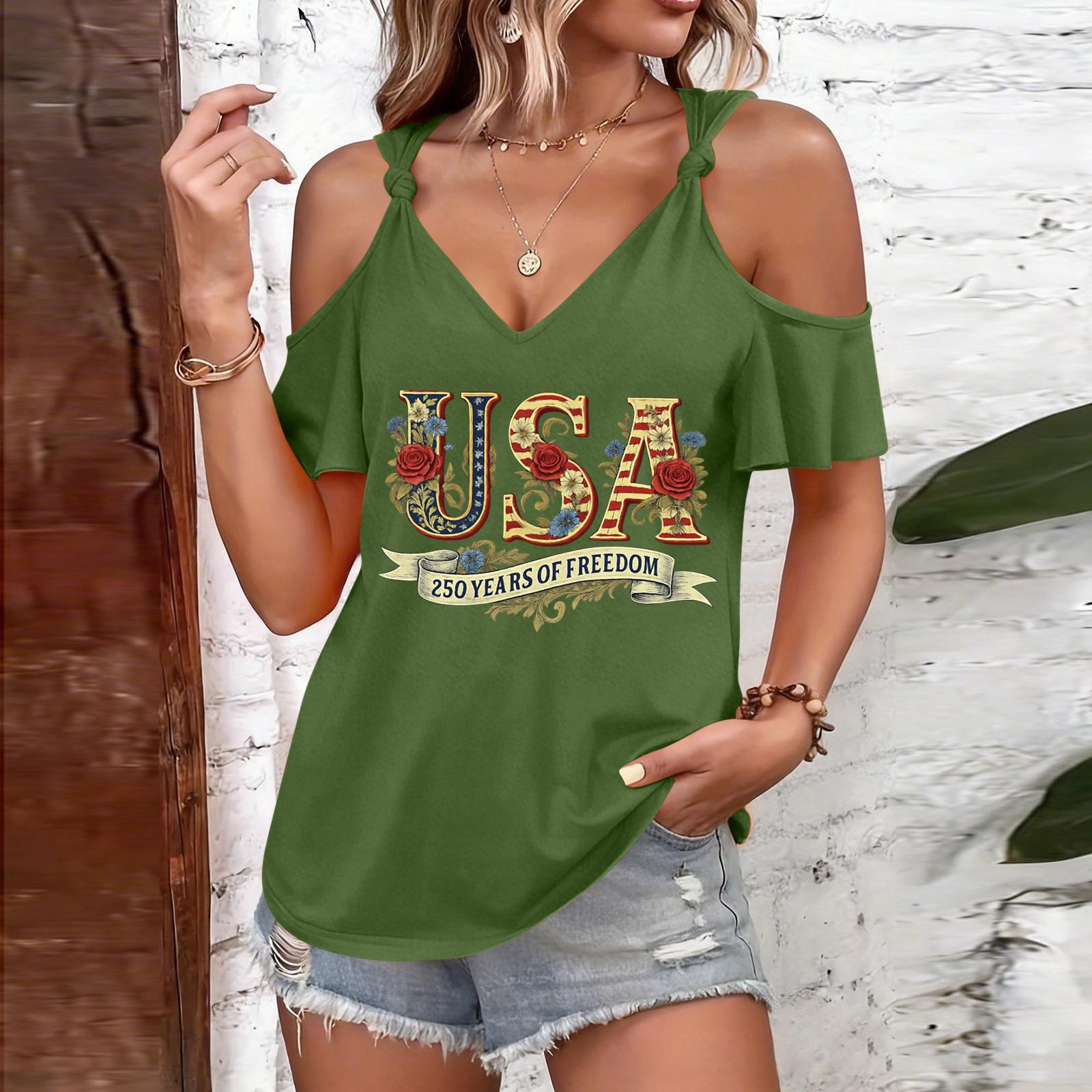 Women Casual Cold Shoulder Tie Strap T Shirt V Neck Short Sleeve Summer Top with USA Print and Loose Fit for Everyday Wear XL
Women Casual Cold Shoulder Tie Strap T Shirt V Neck Short Sleeve Summer Top with USA Print and Loose Fit for Everyday Wear XL