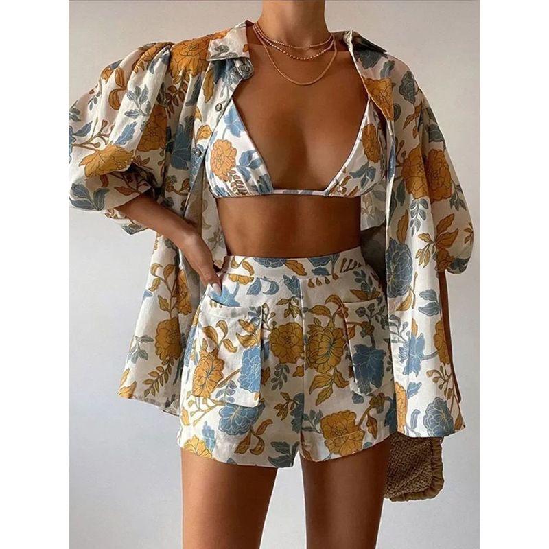 Printed Shirt Shorts Three Pieces Set Women Print Shirts Shorts Sunflower M 
Printed Shirt Shorts Three Pieces Set Women Print Shirts Shorts Sunflower M
