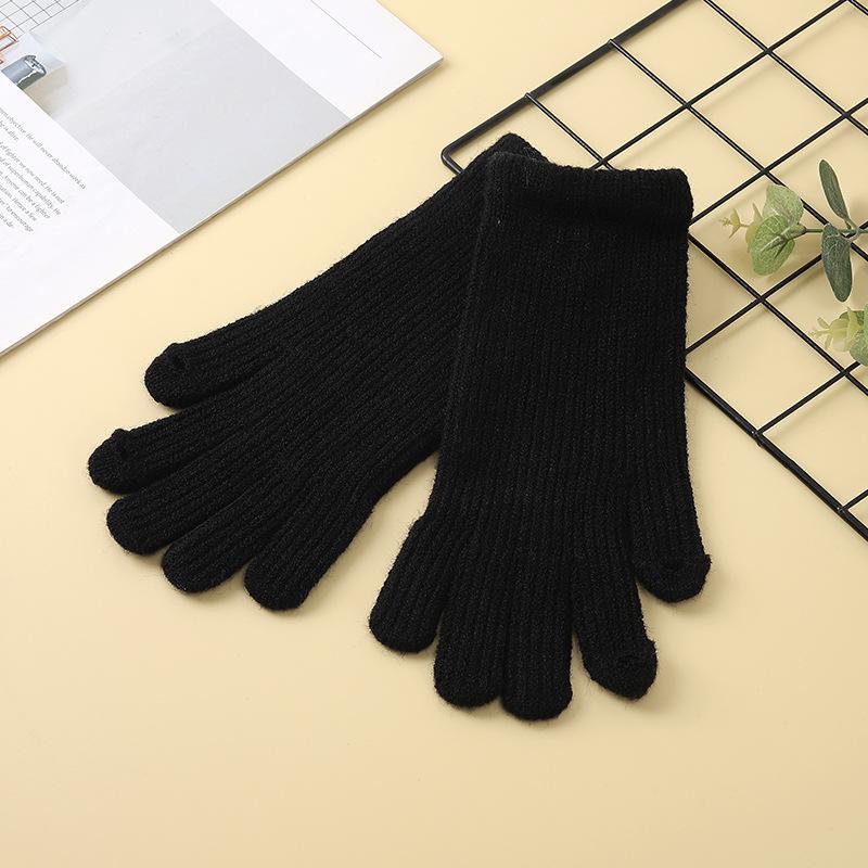 Корейская версия женских холодостойких перчаток на осень и зиму, вязаные теплые шерстяные однотонные перчатки с сенсорным экраном, утолщенные простые студенческие перчатки