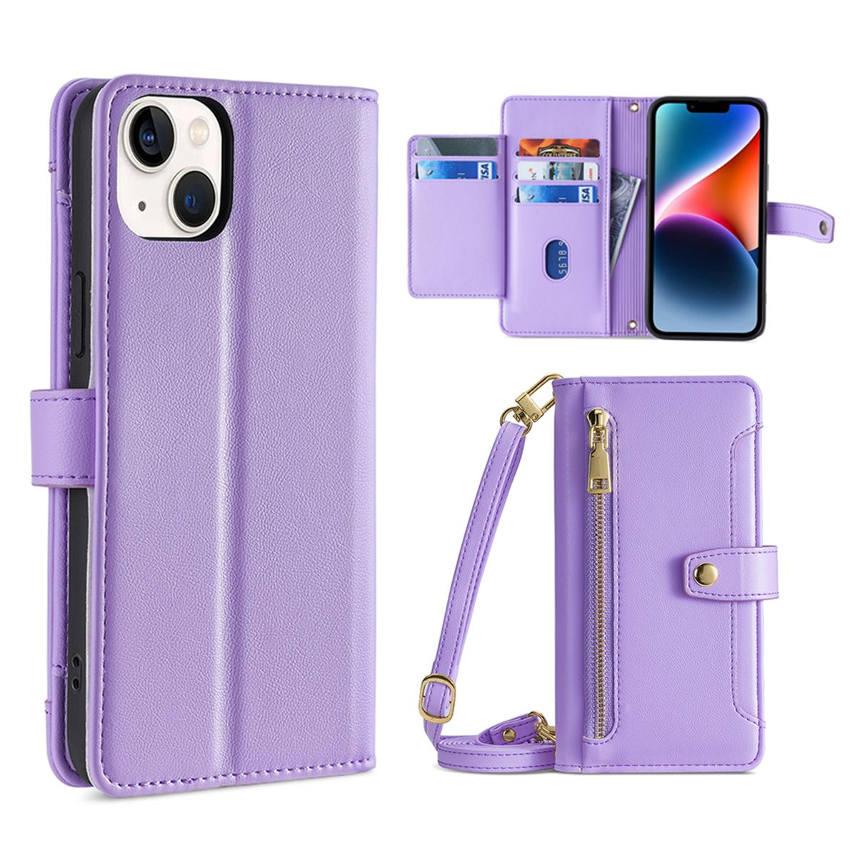 For iPhone 14 Zipper Pocket Shockproof PU Leather Stand Case Card Slots Flip Phone Cover with Wrist Strap and Shoulder Strap Purple
For iPhone 14 Zipper Pocket Shockproof PU Leather Stand Case Card Slots Flip Phone Cover with Wrist Strap and Shoulder Strap Purple