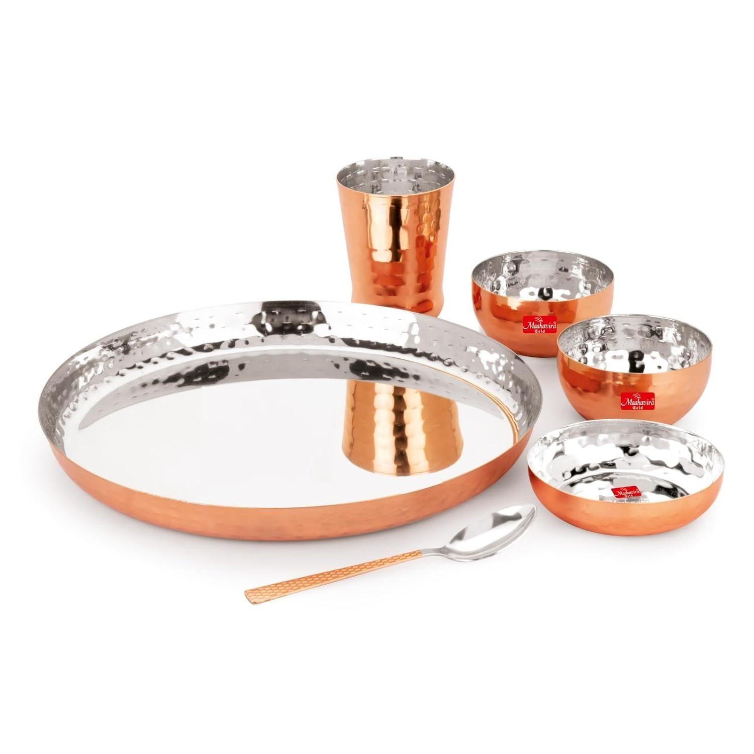 Round Copper Hammered Finish Dinner Sets Used for Home & Restaurant with 1 Thali, 2 Bowls, 1 Sweet Dish, 1 Glass & 1 Spoon-Set of 6
Round Copper Hammered Finish Dinner Sets Used for Home & Restaurant with 1 Thali, 2 Bowls, 1 Sweet Dish, 1 Glass & 1 Spoon-Set of 6
