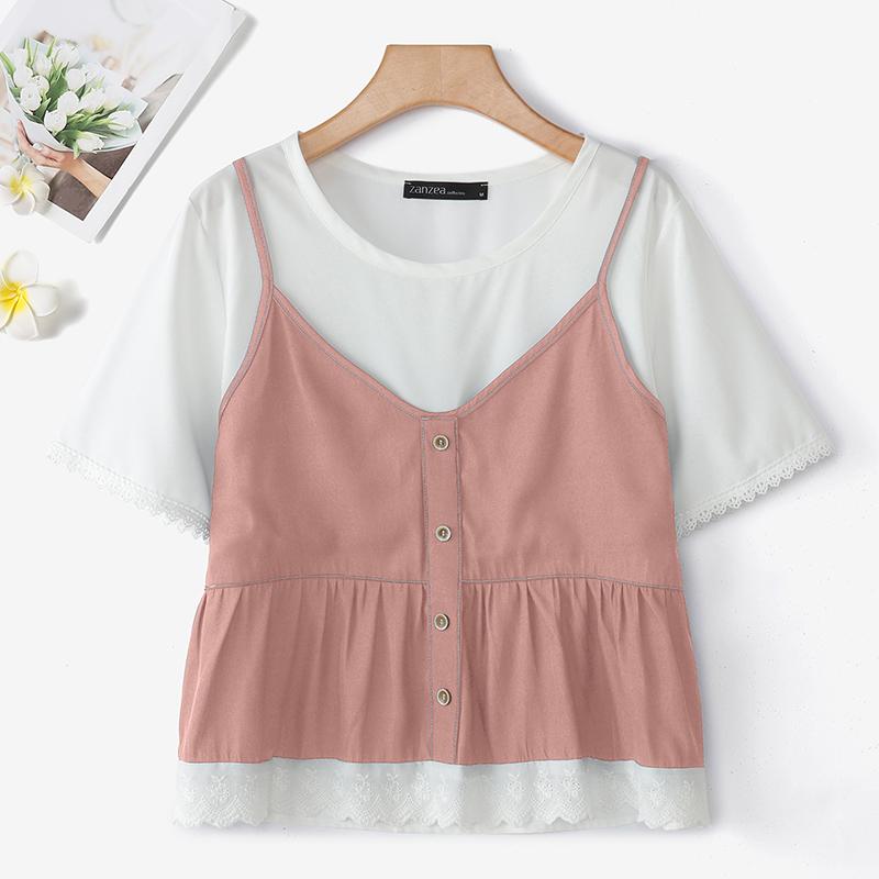 ZANZEA Женские повседневные футболки с круглым вырезом и лоскутным дизайном, летние, с коротким рукавом
ZANZEA Женские повседневные футболки с круглым вырезом и лоскутным дизайном, летние, с коротким рукавом