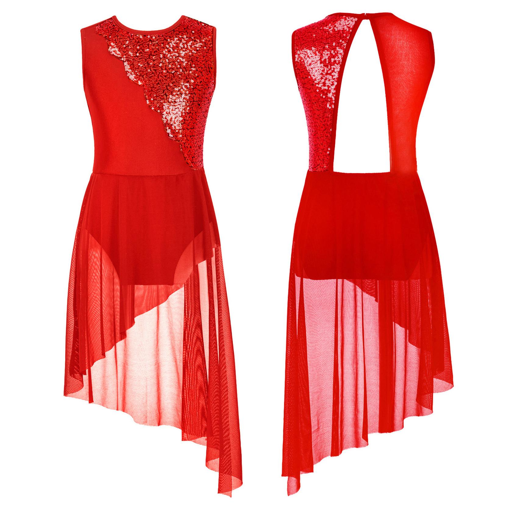 Лирическое балетное платье для современного танца без рукавов с блестками для девочек, сетчатое лоскутное платье-трико с нерегулярным подолом для танцев 15-16 Years красный