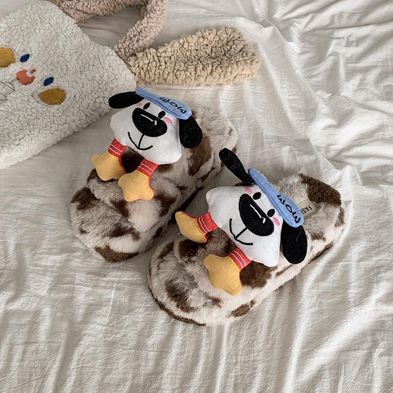 Милые мультяшные пушистые тапочки женские 2025 осень и зима новые мягкие милые щенок можно носить флис теплый хлопок швабра 40 хаки