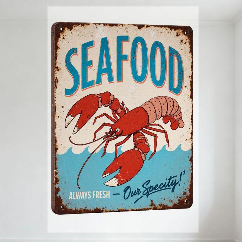 Vintage Rustic Seafood Metal Sign, Red Lobster Cartoon, SEAFOOD Bold Letters, ALWAYS FRESH & Our Specialty! Water Wave Bac 20x30cm(7.8x11.8inch)
Vintage Rustic Seafood Metal Sign, Red Lobster Cartoon, SEAFOOD Bold Letters, ALWAYS FRESH & Our Specialty! Water Wave Bac 20x30cm(7.8x11.8inch)
