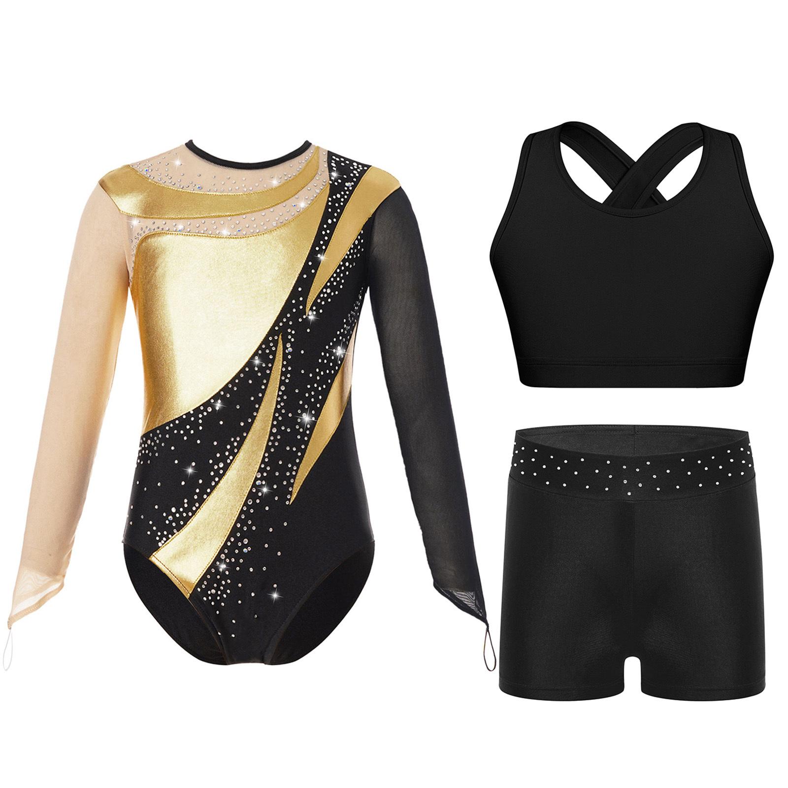 Girls Dance Costume 3 Piece Set Keyhole Back Leotard Mesh Sleeves Contrast Color Vest Rhinestone Shorts 5-6 Years золотий
Girls Dance Costume 3 Piece Set Keyhole Back Leotard Mesh Sleeves Contrast Color Vest Rhinestone Shorts 5-6 Years золотий