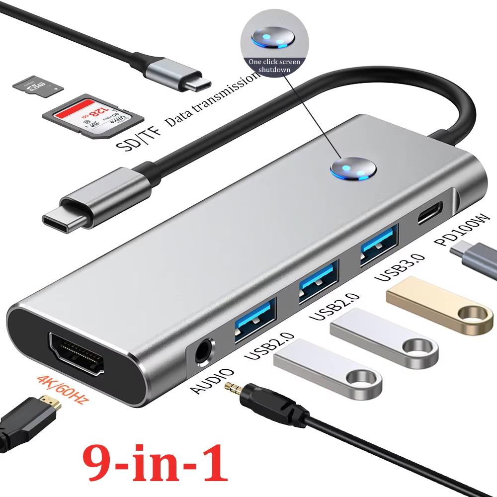 9-in-1 USB C Docking Station with Screen off Button USB HUB TYPE-C to HDMI 4K60Hz/USB 3.0 5Gbps PD100W Fast Charging for MacBook
9-in-1 USB C Docking Station with Screen off Button USB HUB TYPE-C to HDMI 4K60Hz/USB 3.0 5Gbps PD100W Fast Charging for MacBook