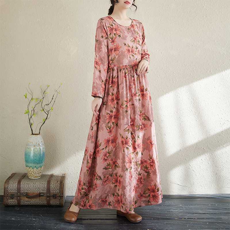 2025 Новые платья в цветочном отпускном стиле для путешествий с круглым вырезом, винтажные длинные юбки, платья, скрывающие недостатки фигуры L