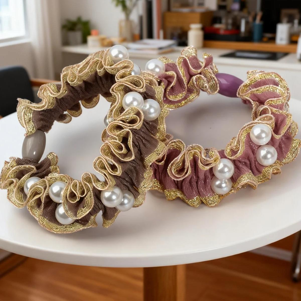 Pearl Beaded Hair Scrunchies, Gold Lace Trim Ruffled Satin Hair Bands, Gentle Elastic Hair Ties for Women, Perfect for Bun and Ponytail
Pearl Beaded Hair Scrunchies, Gold Lace Trim Ruffled Satin Hair Bands, Gentle Elastic Hair Ties for Women, Perfect for Bun and Ponytail