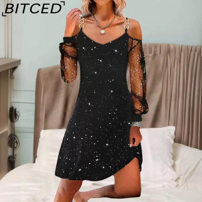 BITCED Женская мода Весна Осень Однотонный принт Длинный рукав V-образный вырез Высокая талия Повседневные платья L чёрный