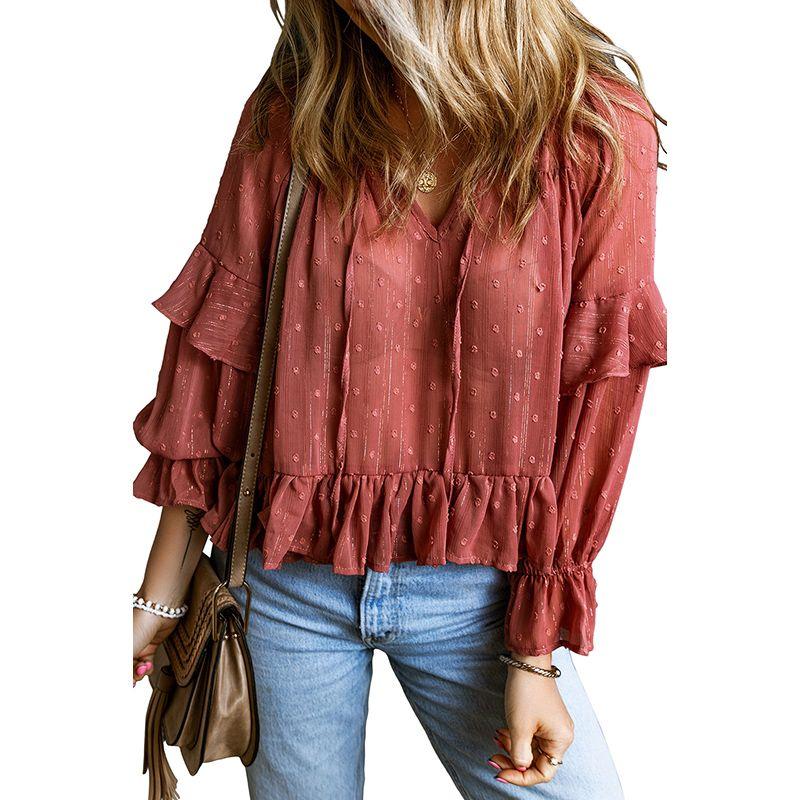 2024 Fall V-neck Lace-up Long Sleeve Shirt Women s Fashion Style Ruffles Patchwork Easy Matching Fashion Pullover Tops Red XS code fits (35.00 kg-45.00 kg
2024 Fall V-neck Lace-up Long Sleeve Shirt Women s Fashion Style Ruffles Patchwork Easy Matching Fashion Pullover Tops Red XS code fits (35.00 kg-45.00 kg