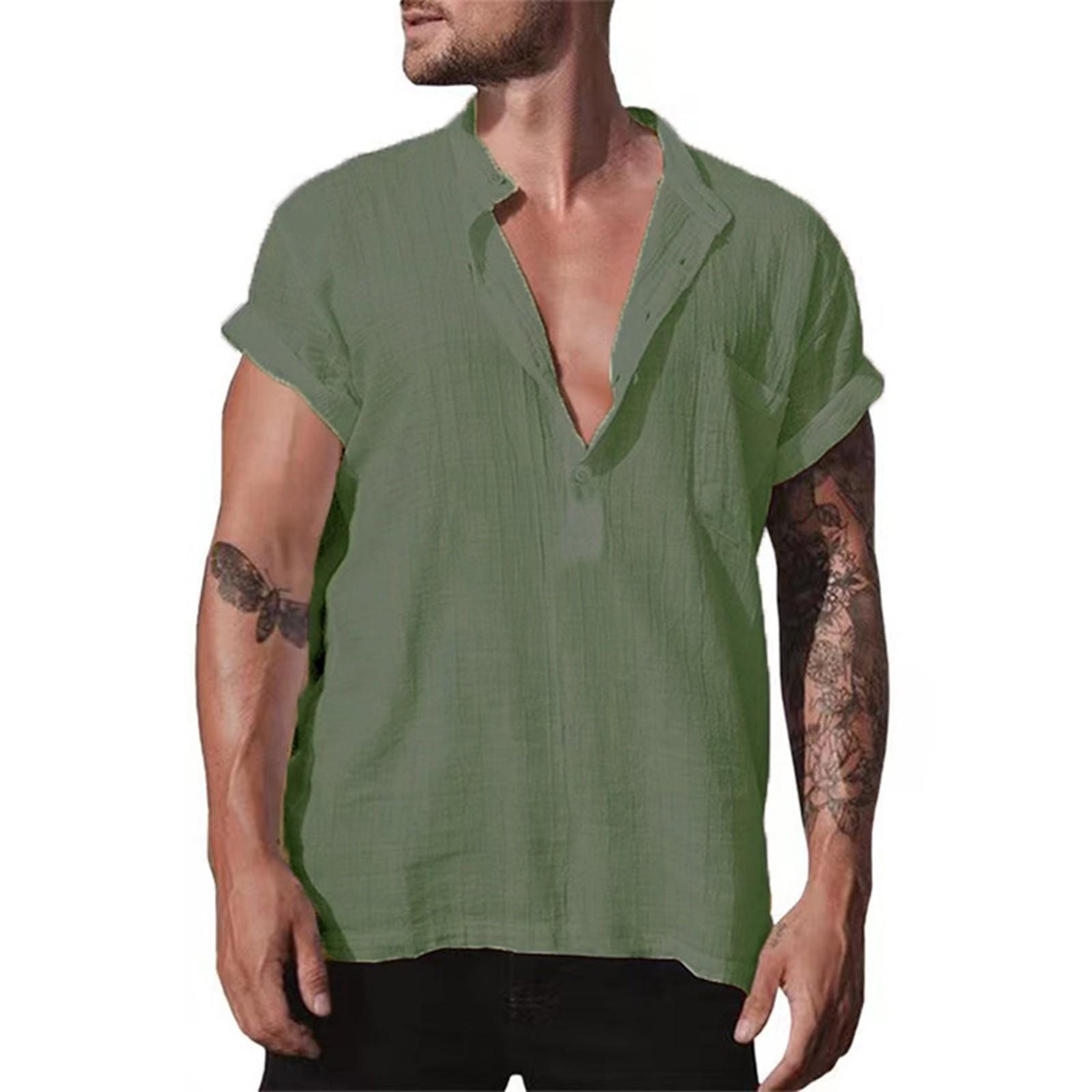 Летняя хлопковая конопляная хлопковая тонкая повседневная однотонная рубашка со стоячим воротником синего цвета свободного покроя L армия зеленый