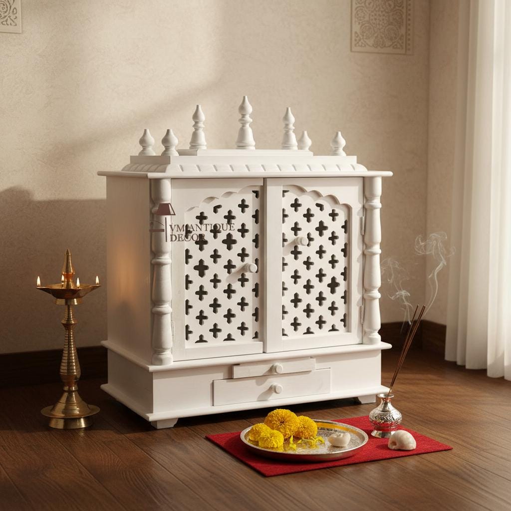 White Wooden Temple for Home Handicrafted Mandir with Doors and Drawer, Indian Pooja Mandap, Small Home Shrine, Traditional Prayer Altar
White Wooden Temple for Home Handicrafted Mandir with Doors and Drawer, Indian Pooja Mandap, Small Home Shrine, Traditional Prayer Altar