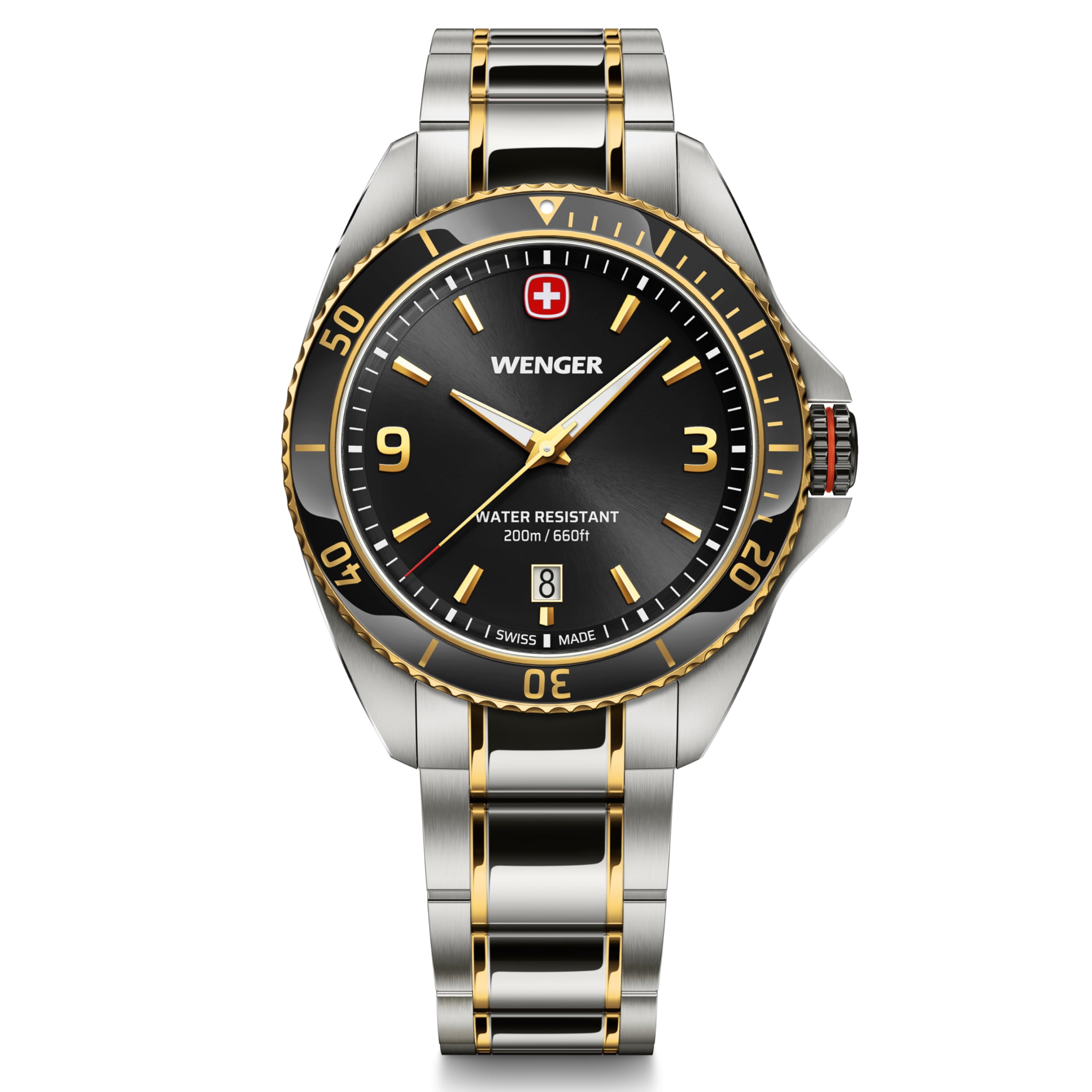 WENGER EXECUTIVE Watch Stainless Steel Case Gold Stainless Steel Bezel Black Dial Silver Gold Combination Stainless Steel Bracelet Quartz 200m Water
WENGER EXECUTIVE Watch Stainless Steel Case Gold Stainless Steel Bezel Black Dial Silver Gold Combination Stainless Steel Bracelet Quartz 200m Water