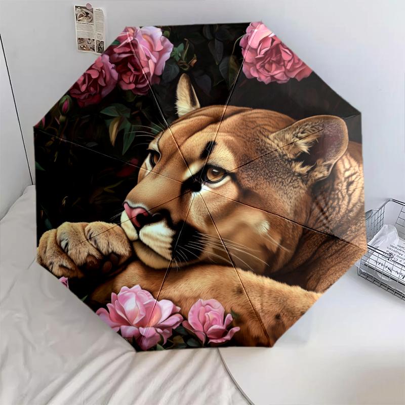 Cougar and Rose pattern, automatic folding umbrella, portable and foldable design, 8 ribs, a Christmas or birthday gift.
Cougar and Rose pattern, automatic folding umbrella, portable and foldable design, 8 ribs, a Christmas or birthday gift.