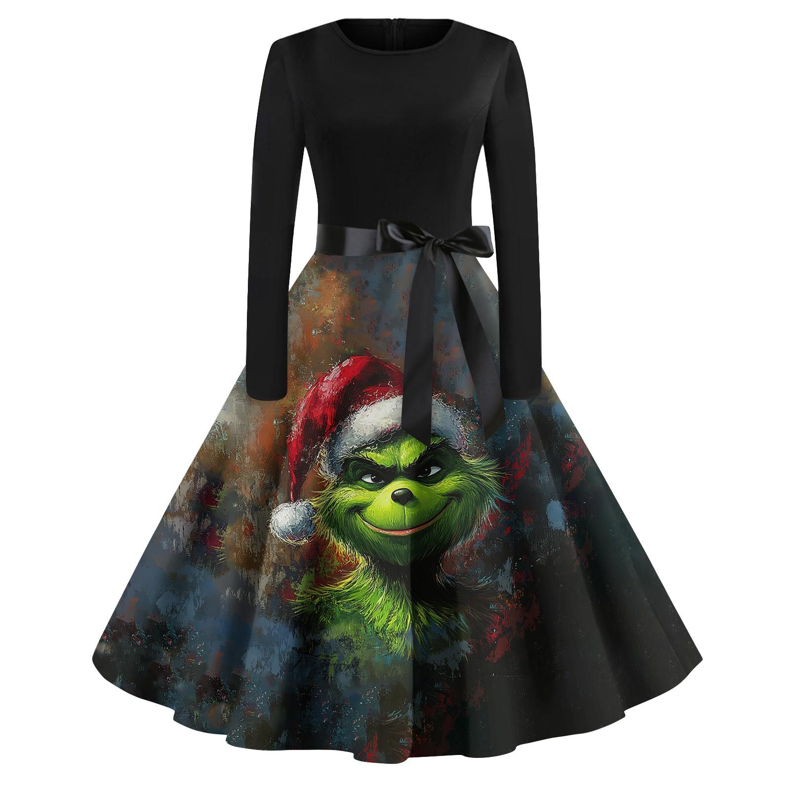 Женское повседневное модное платье с длинным рукавом и принтом, вечернее повседневное платье с круглым вырезом XXXXXL зелёный