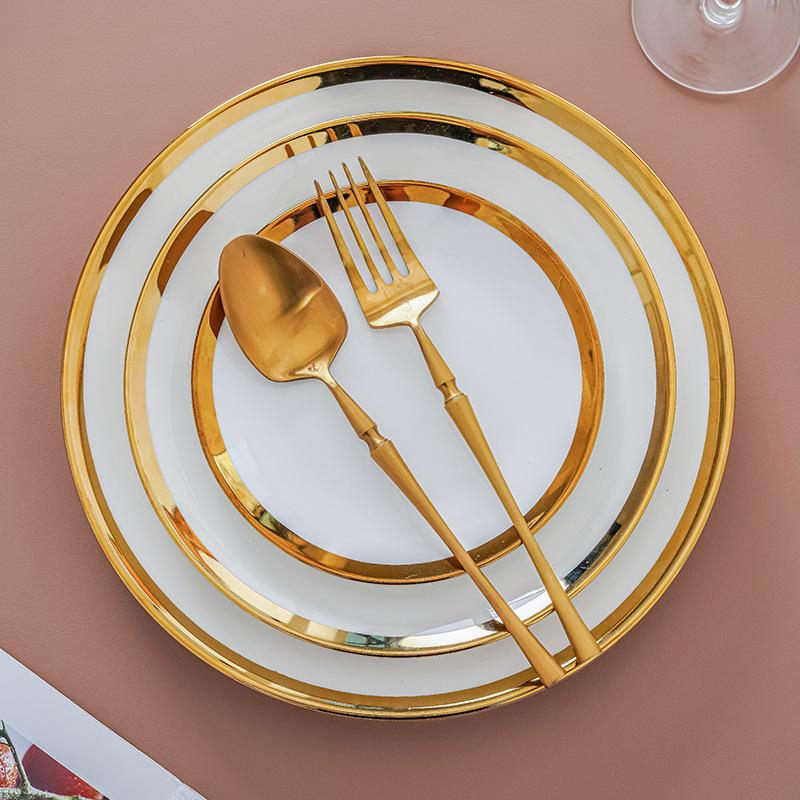 10-inches Ceramic Western Steak Plate European-style Gold Border Fruit Dessert Breakfast Dishes Circular Kitchen Plate Tableware
10-inches Ceramic Western Steak Plate European-style Gold Border Fruit Dessert Breakfast Dishes Circular Kitchen Plate Tableware